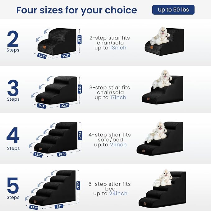 GoGoBunny Ramp Dog Stairs for High Beds 22.6" H, 5-Step Dog Slope Stairs with Durable Waterproof Fabric Cover, Pet Steps for Old Large Dogs Climbing, Non-Slip Sturdy Indoor Step, Black