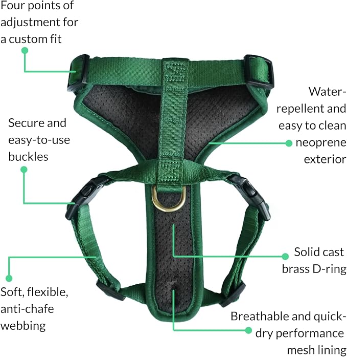 Adventure Dog Harness - Stylish and Durable Large Dog Harness for Outdoor Adventures and Everyday Wear - Forest Green Neoprene Adjustable Harness for Dogs with Reflective Piping & Brass D-Ring