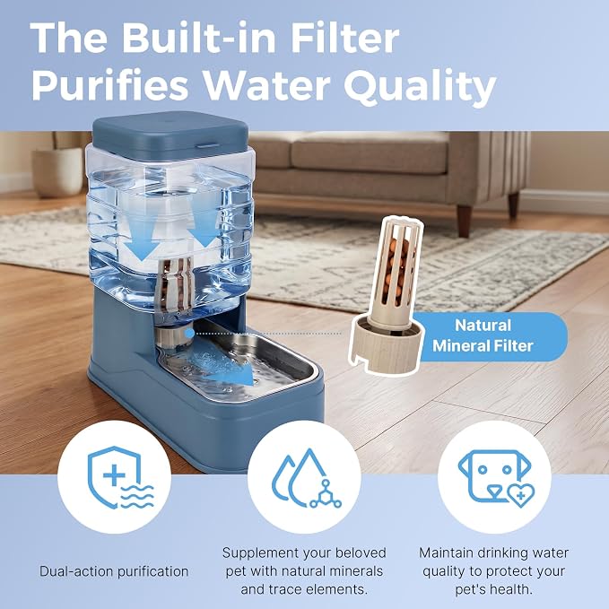 Automatic Cat Feeder and Water Dispenser with Stainless Steel Bowl with Ice Pack Gravity Food Feeder and Waterer Set Feeding Raised Bowls with Filter for Dog 1.3 Gallon x 2(Blue)