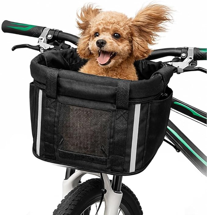 Dog Bike Basket, Folding Front Pet Carrier for Small Dogs Cats Up to 11 lbs, Quick-Release Bicycle Basket with Safety Tether, Fits Mountain City Cruiser Bikes, Detachable Handlebar Bag