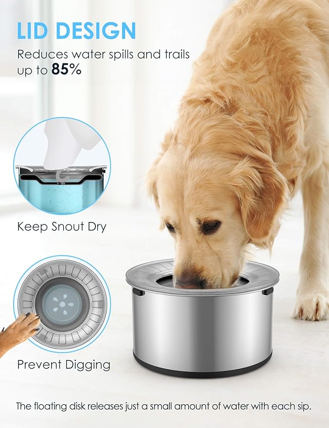 Heouvo 1 Gallon No Spill Dog Water Bowl with Slow Drink Floating Disk(Gray) | Splash-Proof Lid + Stainless Steel Bowl/Rubber Bottom/Slobber Stopper Water Bowl for Large Sloppy Messy Drinkers Reduce Mess