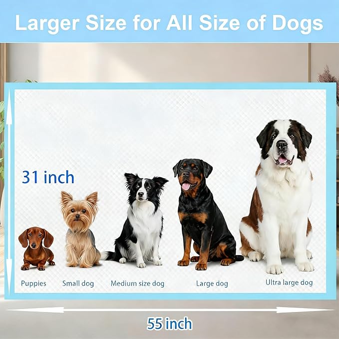 40 Count Extra Large Dog Pee Pads 31" x 55", 6-Layer Soft Highly Absorbent Puppy Pads, Quick Dry Odor Control Potty Pads for Large Dogs & Multi-Pet Families, Leak-Proof Dog Training Pads