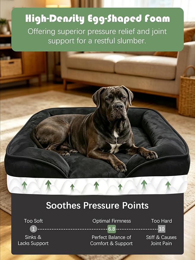 Spotted Play Orthopedic Dog Bed with Sides - Sofa Beds for Extra Large Dogs, Supportive Foam Pet Couch Bed with Washable Removable Cover, Waterproof Lining and Non-Slip Bottom, Black - XXL