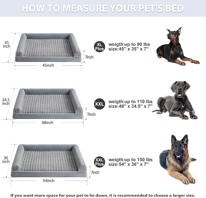 BFPETHOME Orthopedic Washable XXL Dog Bed for Senior Dog Cozy Sleep | Extra Large Waterproof Big Soft Pet Couch Bed for Dogs Relax with Removable Cover Supportive Egg Crate Foam Grey 54x36 Inch