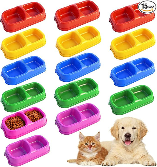 15 Pcs Plastic Cat Dog Food Water Bowl Set Double Pet Dog Food Bowl for Small Medium Size Puppies Cats Kennel Cattery, 5 Assorted Colors