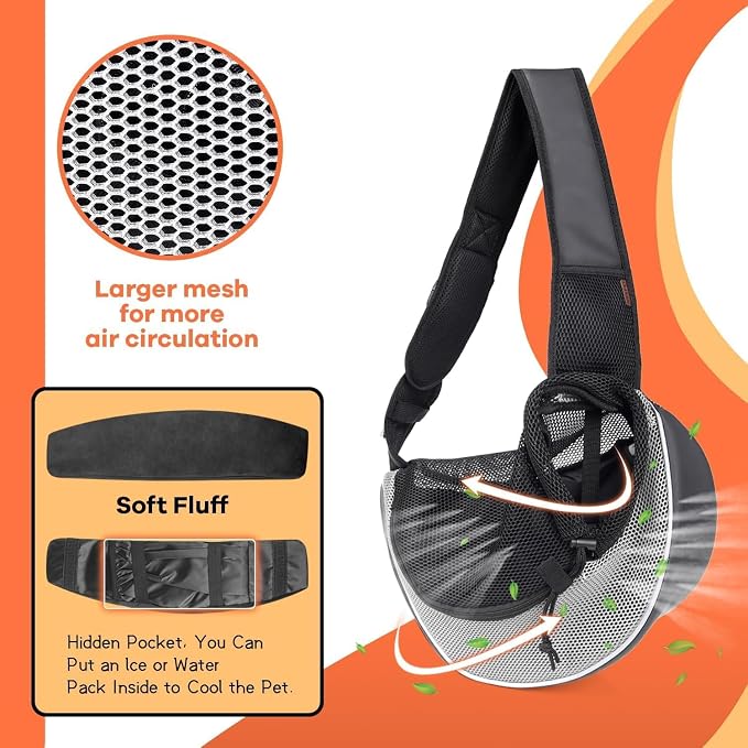 YUDODO Pet Sling Carrier for 2-5 lbs Small Dogs Cat Puppy Crossbody Carrier | Bottom support, Safety Hook, Large Zipper Pocket, Soft Breathable Mesh, Adjustable Strap, Reflective Strip, Gray, S