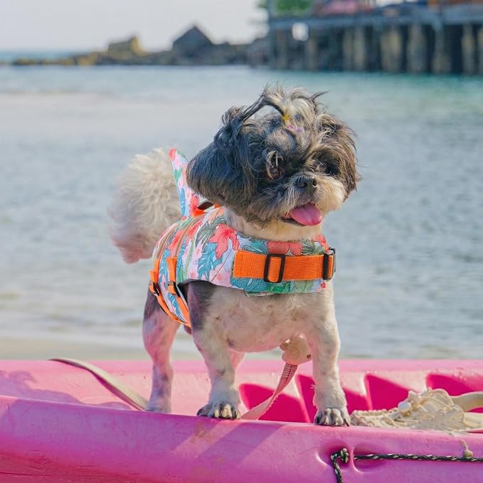 Dog Life Jacket High Flotation, Reflective Dog Life Vest for Swimming, Adjustable Dogs Life Preserver Rescue Handle Spring Summer Pool for Small, Medium, Large Dogs (HawaiiOrange,XS)