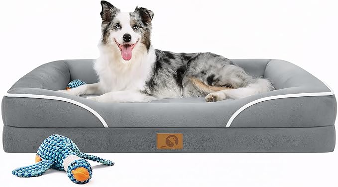 Homemate Dog Bed Large Sized Dog: 42"x30" Orthopedic Pet Bed with Toy | Large Dogs Bed with Non-Slip Botton & Removable Washable Cover Cat Bed Sofa XL Outdoor Crate Pad Couch Light Grey