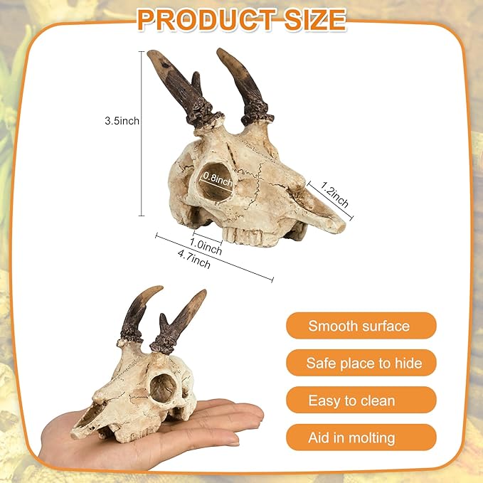 Mini Reptile Hide Cave, Small Terrarium Shelter for Spider, Tarantula, Gecko Tank Accessories, Natural Climbing Decor for Terrarium Habitat, 4 Inch(Elk Skull)
