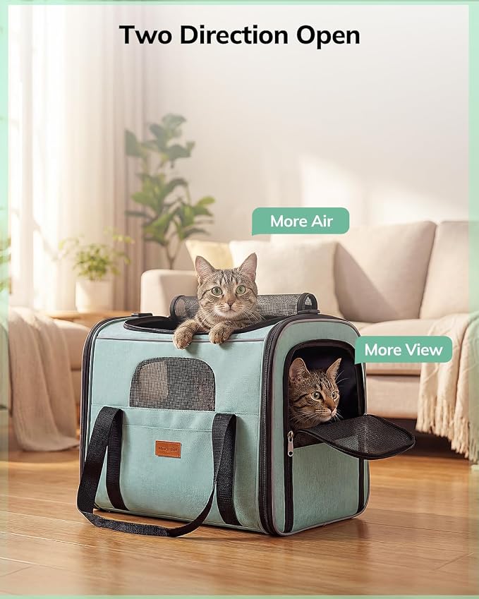 Morpilot Pet Carrier for Large Cats, Puppies & Small Dogs Up to 20lbs | Escape-Proof with Locking Zippers, Dual-Sided Cushion, Safety Buckle for Car & Vet Travel, Includes Foldable Bowl (Green)
