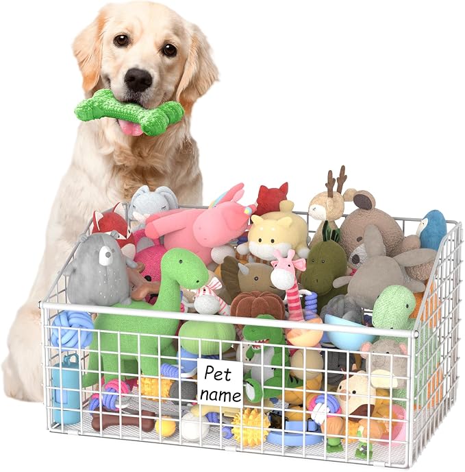 Indestructible Dog Toy basket, Large Toy Box for Dogs,Pet Toy Bin Dog Metal Basket for Toys, Toy Storage Organizer, Toy Box for Living Room Area (White)