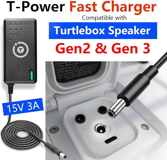 T POWER 15V UL Charger for Turtlebox Gen 2 & Gen 3 Bluetooth Speakers Model: GS-P150300E454A, 2A28W-TURTLEBOXG2, 27733-TURTLEBOXG2 Replacement AC Adapter Power Supply Cord