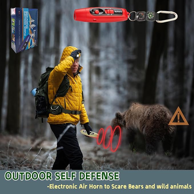Rechargeable Bear Horn to Scare Bears, 125dB Electronic Air Horn with LED Flashlight & Compass & Thermometer, Electronic Whistle Bear Bells for Safety Hiking Camping Emergency Self Defense