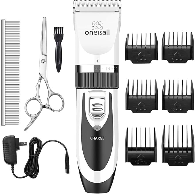 oneisall Dog Clippers Low Noise Grooming Kit for Dogs Cats Pets | Cordless & Long Battery Life, Simple for Beginners, 6 Guide Combs, Removable & Rinsable Blade