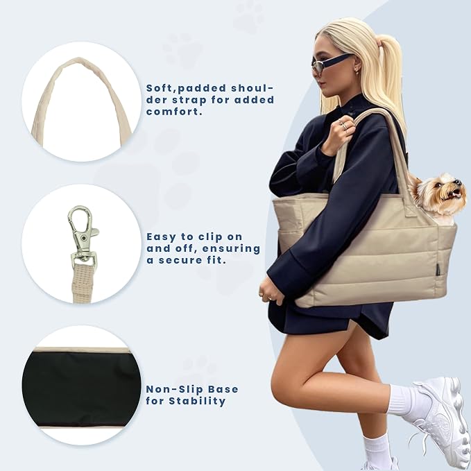 Lightweight Puffy Dog Purse Carrier for Small Dogs, Brown | Quilted Pet Carrier Tote with Safety Leash Clip, Storage Pockets and Removable Base, for Pets Up to 15 lbs, Brown