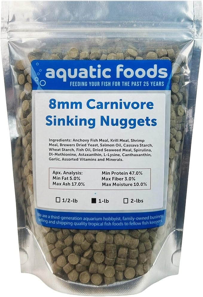 Aquatic Foods Inc. 8mm - 5/16" Carnivore Sinking Pellets for Carnivore Cichlids, Catfish, Monster Fish, Bottom Fish, All Large Fish, Also Koi & Pond Fish. - WL…1-lb Foil Pouch Bag
