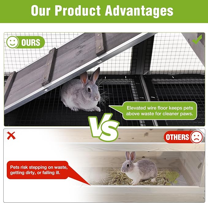 Gutinneen 2-Story Rabbit Hutch Indoor Wooden Bunny Cage with Removable Wire Mesh Floor, Chew-Proof Ramp, Lockable Wheels, Pull Out Trays for 1-2 Rabbit, Guinea Pig, 40.6" L x 26" W x 37.6" H
