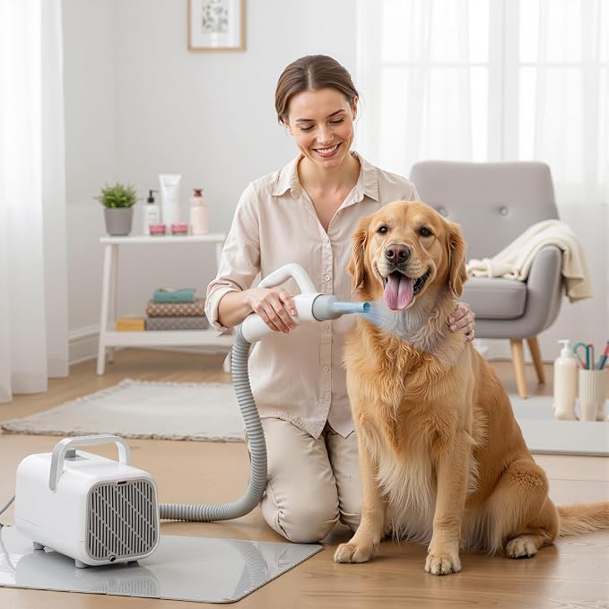 NEWBULIG Dog Hair Dryer with Heater for Grooming, Temperature Adjustable | 1550W High Velocity Speed Pet Blow Dryer with 4 Nozzles, White