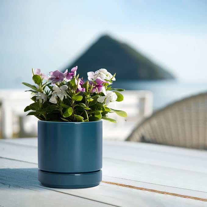 D'vine Dev 4.7 Inch Ceramic Planter Pot, Teal, 94-O-B-9 | Modern Cylinder Design, Drainage Hole & Saucer Included, Stable Structure, Elegant Home Accent