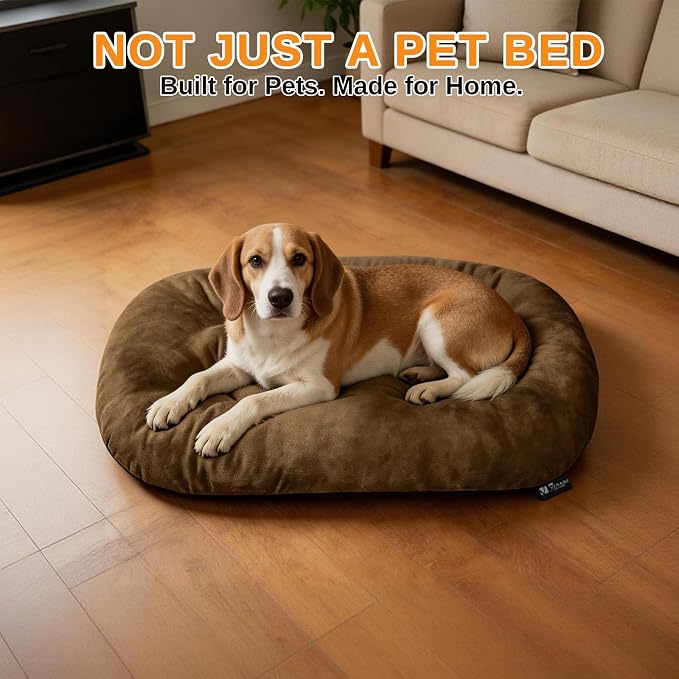 Washable Oval Dog Bed forX-Large Dogs,Silver-Tipped High-Resilience,Brown | Non-Slip Bottom Prevents Sliding, Soft Plush Short Fur, Machine Washable, Ideal for Crates/Apartments/Cozy Nooks,41"x27"x3.6"