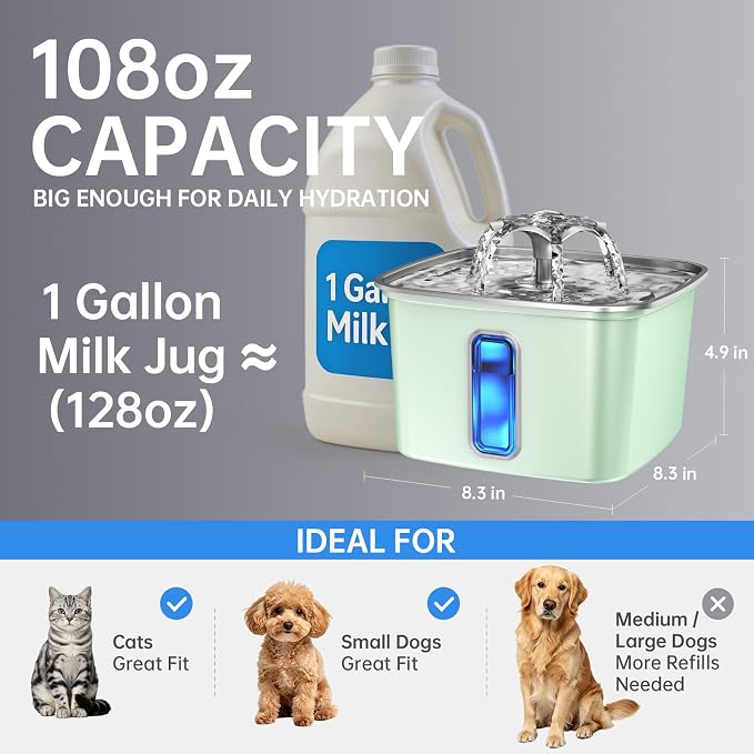 Veken Innovation Award Winner Stainless Steel Cat Water Fountain, 108oz | Automatic Pet Fountain Dog Water Dispenser with Replacement Filters & Silicone Mat for Cats, Dogs (Tea Green)
