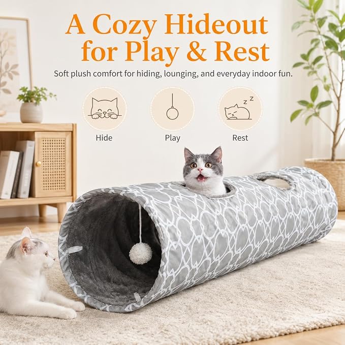 Geometric Straight Cat Tunnel with Plush Inside,Cats Toys Collapsible Tunnel Tube with Balls, for Rabbits, Kittens, Ferrets,Puppy,Diameter 11.8 Inch