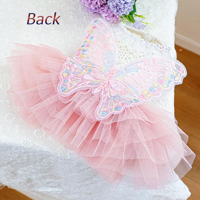 ANIAC Butterfly Dog Dress with Pink Tutu Funny Dog Clothes with Wing Girl Puppy Dress for Small Dogs Pet Butterfly Costume Holiday Cat Outfit for Halloween Birthday Wedding (Pink, Small)