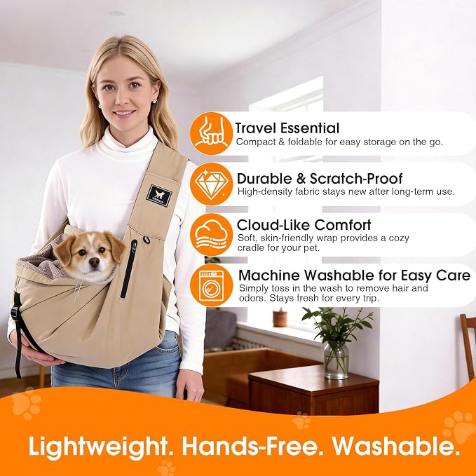 Dog Sling Carrier for Small Dogs & Cats 5-20 lbs, Adjustable Depth | Breathable Air Mesh Puppy Sling, Water-Resistant Travel Bag, Double Safety Leash, Machine Washable, Hands-Free Pouch, Caramel