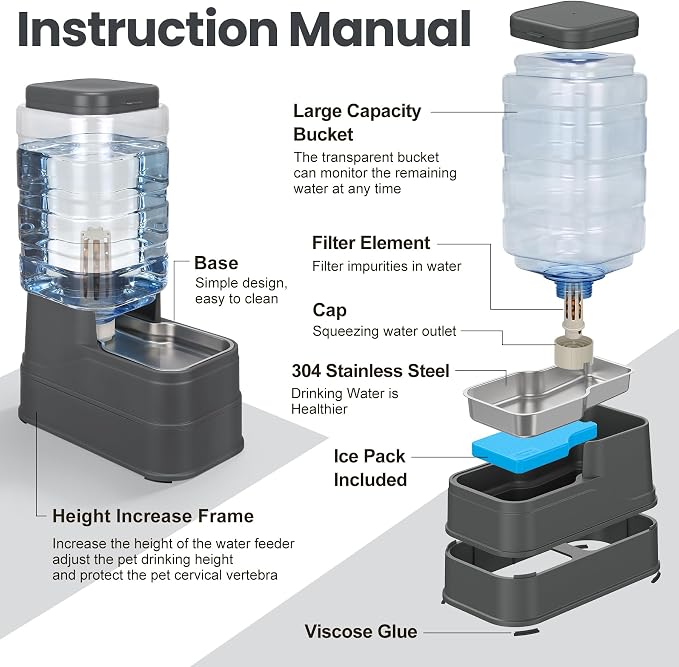 Automatic Dog Water Dispenser Gravity Stainless Steel Water Feeder Cat Waterer Feeder with Wide Mouth Bowl for Small Medium Dog Puppy Kitten (Filter &Ice Pack Included) 2.2Gallon Gray