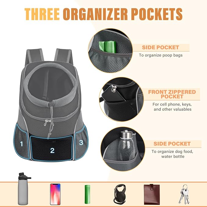 YUDODO Dog Front Carrier Backpack, Adjustable Breathable Dog Backpack | Ventilated, Safety Belt, Lightweight, Reflective Strip, Pocket Storage, For Walking Hiking Outdoor, Black, L