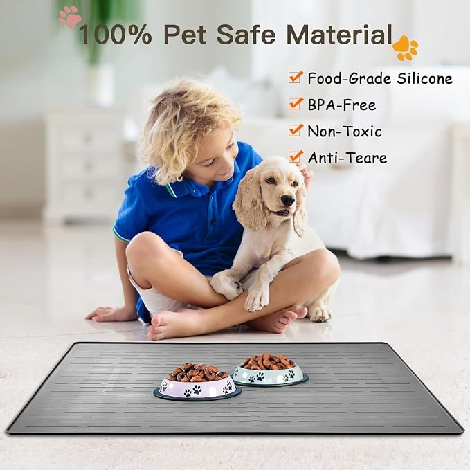 Largest Dog Food Mat, 48"x32" Silicone Dog and Cat Mat for Food and Water Bowls, Thinken Waterproof Non-Slip XXXL Pet Feeding Mat for Floors (Dark Blue)