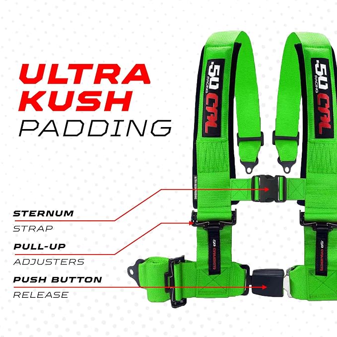 1pc 50 Cal Green 4 Point Harness 2in Straps, Racing Harness Seat Belt | Ultra Kush padding, Push Button quick release hardware. Universal Fit for UTV, RZR, race car.