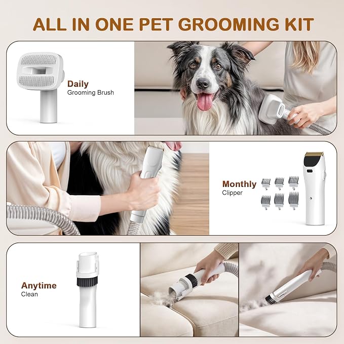 Dog Grooming Vacuum, Dog Grooming Kit, 3 Suction Modes Dog Brush Vacuum with 5 Pet Grooming Tools (Wheaten)