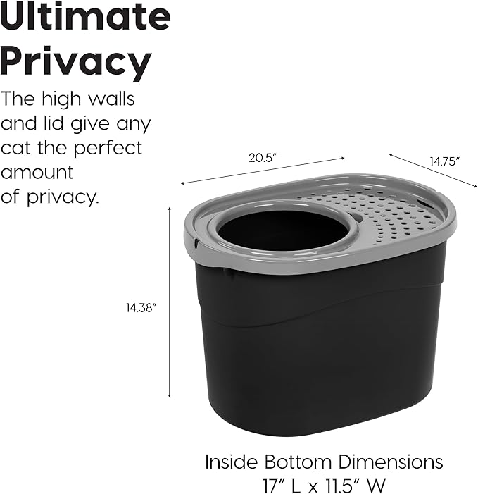 IRIS USA Cat Litter Box Large Top Entry with Lid Enclosed Covered Hooded Design Litter Catching Scatter Shield Pan Dog Proof Pet Proof Scoop Included Odor Control for Indoor Cats Kittens Black/Gray
