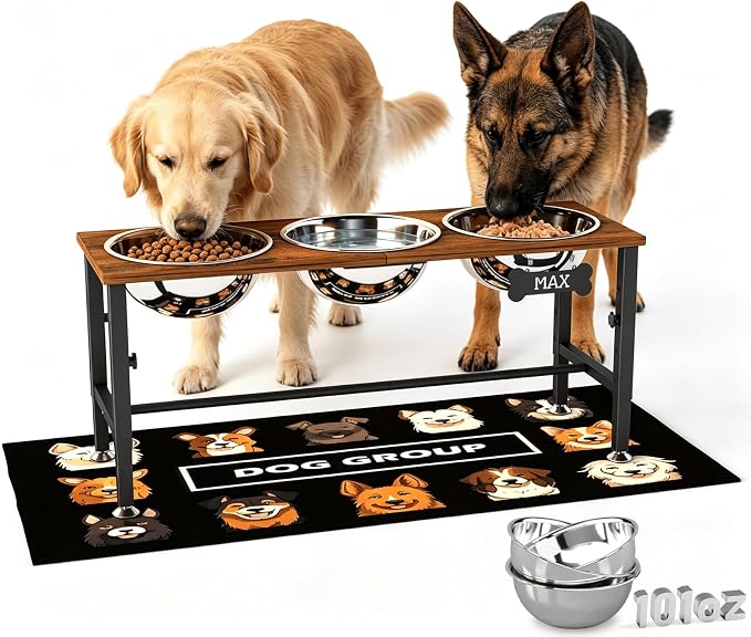 XXLarge Wooden Elevated Dog Bowl Stand – 4 Adjustable Heights (11.8"-17.7"), Wooden & Metal with 3 Stainless Steel Bowls & Splash Pad for Large & Extra Large Breeds