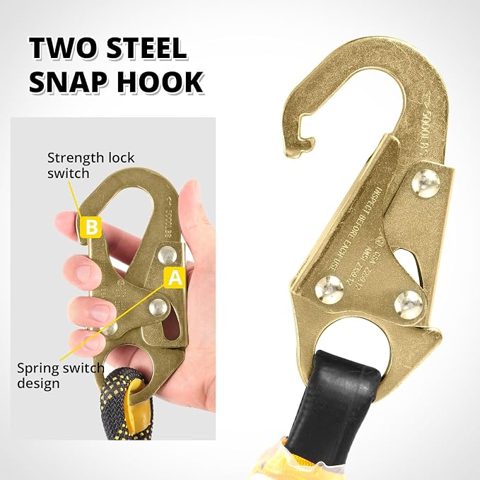 TRSMIMA Rope Harness Safety Lanyard：50ft Roofing Rope Fall Protection | Vertical Safety Harness Rope With Grab Snap Hooks Shock Absorber - Tree Climbing Line Kit Heavy Duty Safety Equipment ANSI CE