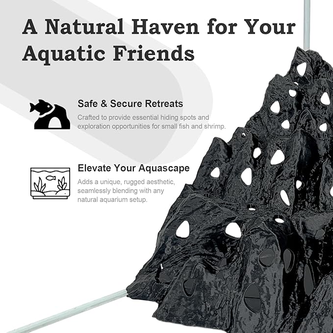 Rockery Cave, Aquarium Betta Fish Hideout Habitat Decor, Stable Resting Hiding Place for Cherry Shrimp, Dwarf Shrimp, Guppy and Small Fish (Black)