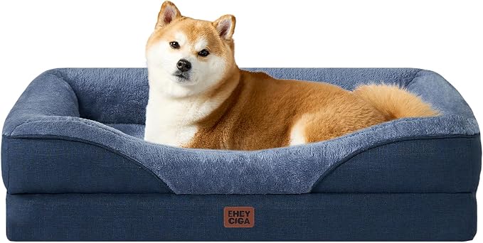 EHEYCIGA Orthopedic Dog Bed for Medium Dog, Memory Foam Dog Couch, Navy | 35x22 Inch Dog Sofa with Sides, Waterproof Liner & Washable Removable Cover, Bolster Pet Couch