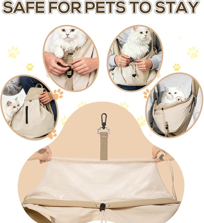 Dog Carrier Sling for Small Dogs/Cats Up to 15 lbs - Multi-Pocket Oxford Pet Sling Carrier Bag with Adjustable Strap (Beige)