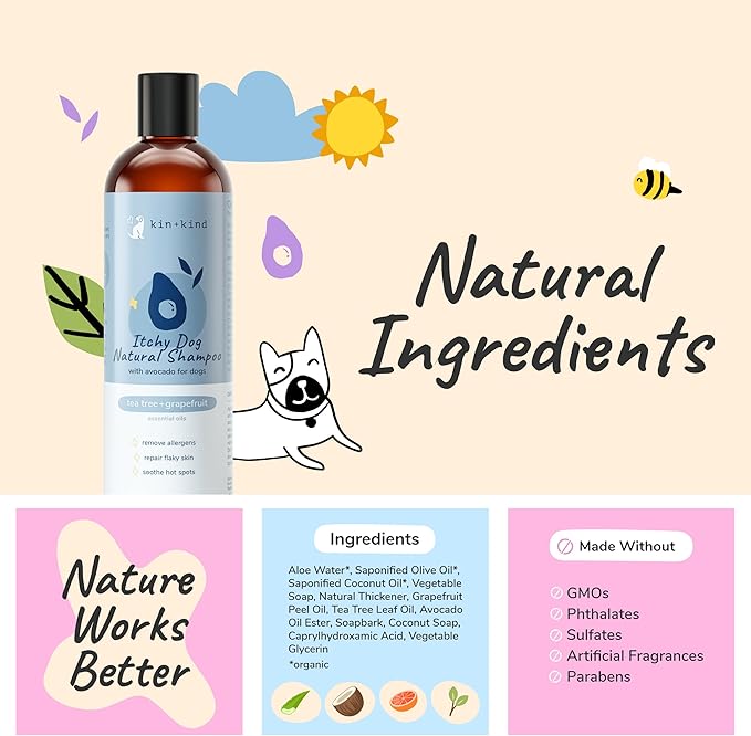 kin+kind Itchy Dog Natural Dog Shampoo - Gentle Clean for Itchy Skin - Avocado Oil - Tea Tree & Grapefruit Fragrance - 12 fl oz