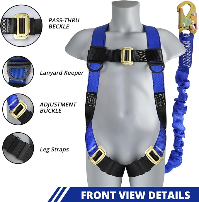 TRSMIMA Safety Harness Fall Protection - Full Body Construction Roofing Harness Kit Attached 6 ft Lanyard ANSI | Full Body Construction Safety Harnesses Roofing Attached 6 ft Lanyard ANSI