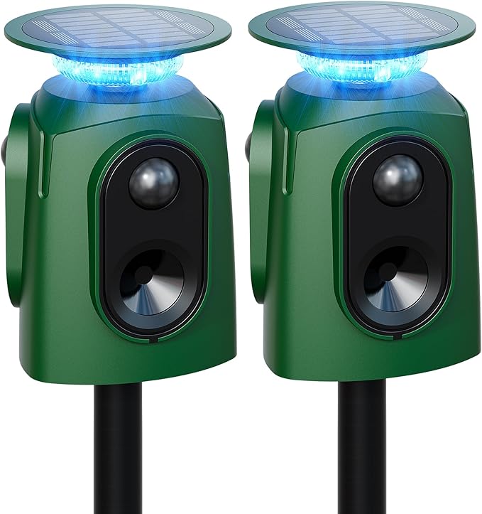 2 Pack 360° Solar Animal Repeller with Motion Sensor, Ultrasonic Deer Repellent Devices Cat Repellent Outdoor, Waterproof Dog Deterrent for Yard, Repel Raccoon Skunk Out of Garden - USB Rechargeable