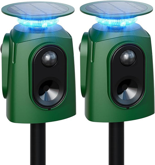 2 Pack 360° Solar Animal Repeller with Motion Sensor, Ultrasonic Deer Repellent Devices Cat Repellent Outdoor, Waterproof Dog Deterrent for Yard, Repel Raccoon Skunk Out of Garden - USB Rechargeable