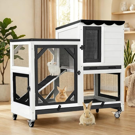 Aivituvin 2-Story Large 39.3" Rabbit Hutch, Opening Roof Bunny Cage with Chew-Proof Ramp, Leak-Proof Tray and Locking Wheels, for 2-4 Rabbits (Black/White)