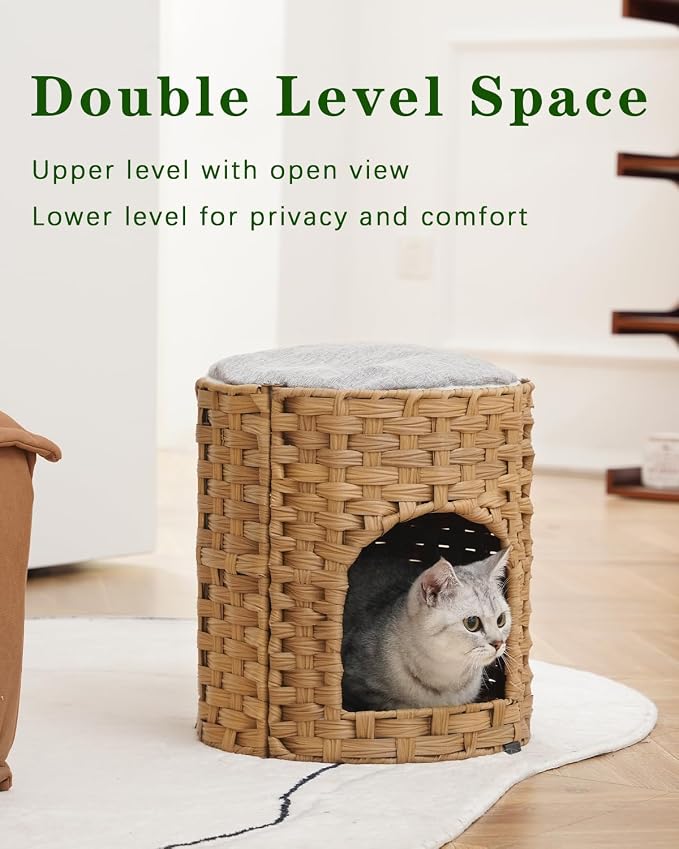 SETVSON Cat House for Indoor Cat, Small Handwoven PE Rattan Kitten Cave | Two-Tier Cozy Pet Nest with One Double-Sided Pad, Waterproof Handwoven PE Rattan Basket, Easy to Clean, 13x13x13.7 In