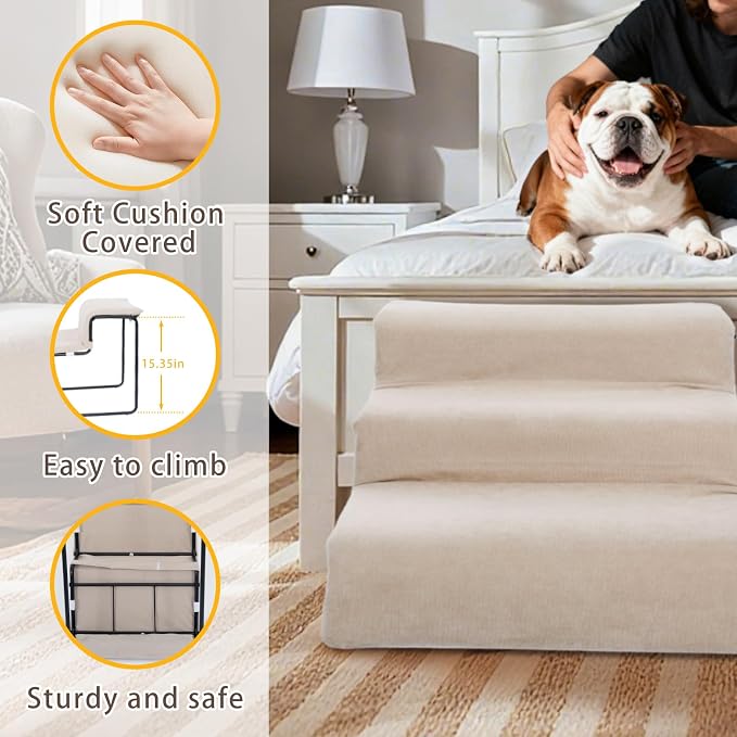 3-Step Pet Stairs with Soft Cushions for Small & Medium Pets Easy Climbing to Bed, Chair, Sofa, Windowsill Sturdy & Safe Design (Pet Stairs Only)
