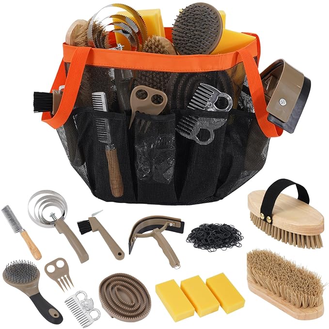 Uross Horse Grooming Kit 15PCS - Horse Brush Set with Organizer Tote Bag Care Cleaning Kit with Brush & Comb, Professional Equine Coat Care Gifts for Horseriders Beginner