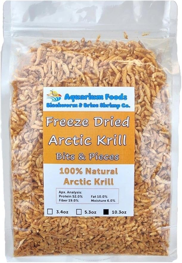 Aquatic Foods Inc. Arctic Krill, Floating Freeze Dried Krill for Tropical Fish, Marine Fish, Cichlids, Catfish, Pond Fish, Aquatic Turtles, Land Turtles, Hamsters, Rodents, Reptiles…10.3oz Clear Bag