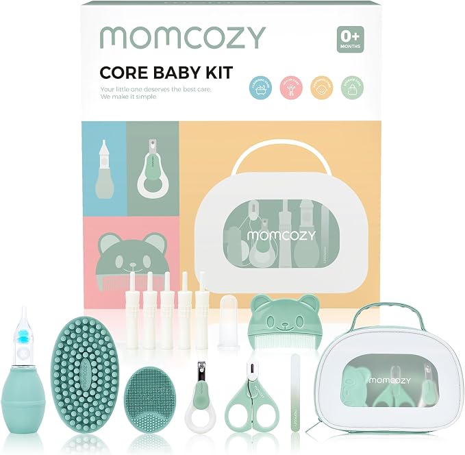 Momcozy Core Baby Kit, Basic Baby Shower Gift & Registry Essential Kit | Grooming&Health&Cleansing Care Set, Nail File Kits,Nasal Aspirator,Gas Relief Tubes,Bath Brushes,Toothbrush,Comb,Storage Case