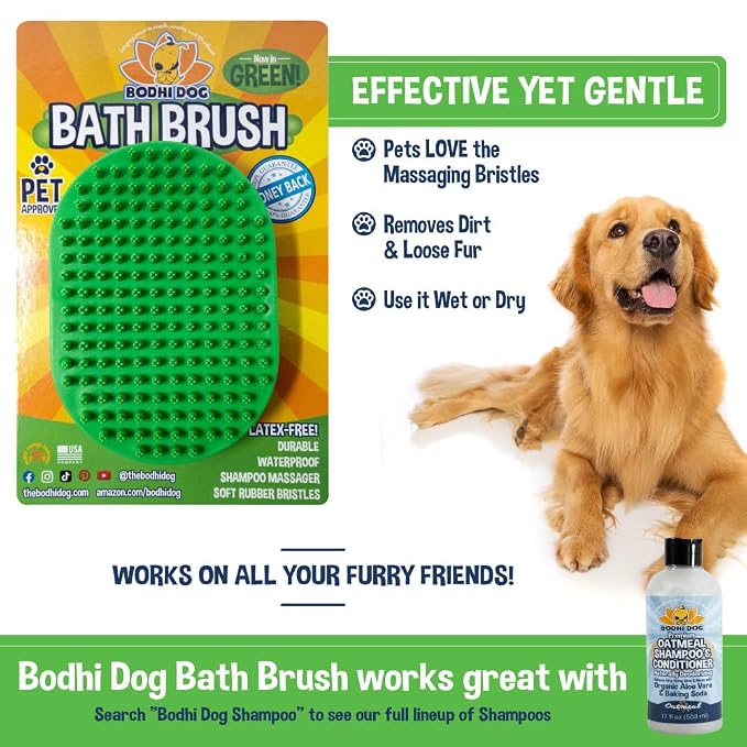 Bodhi Dog Shampoo Brush - Pet Grooming & Bath Supplies for Dogs and Cats - Bath Brush for Long & Short Hair - Premium Scrubber for Shower, Showerhead, Sprayer & Bathing (One Pack, Green)